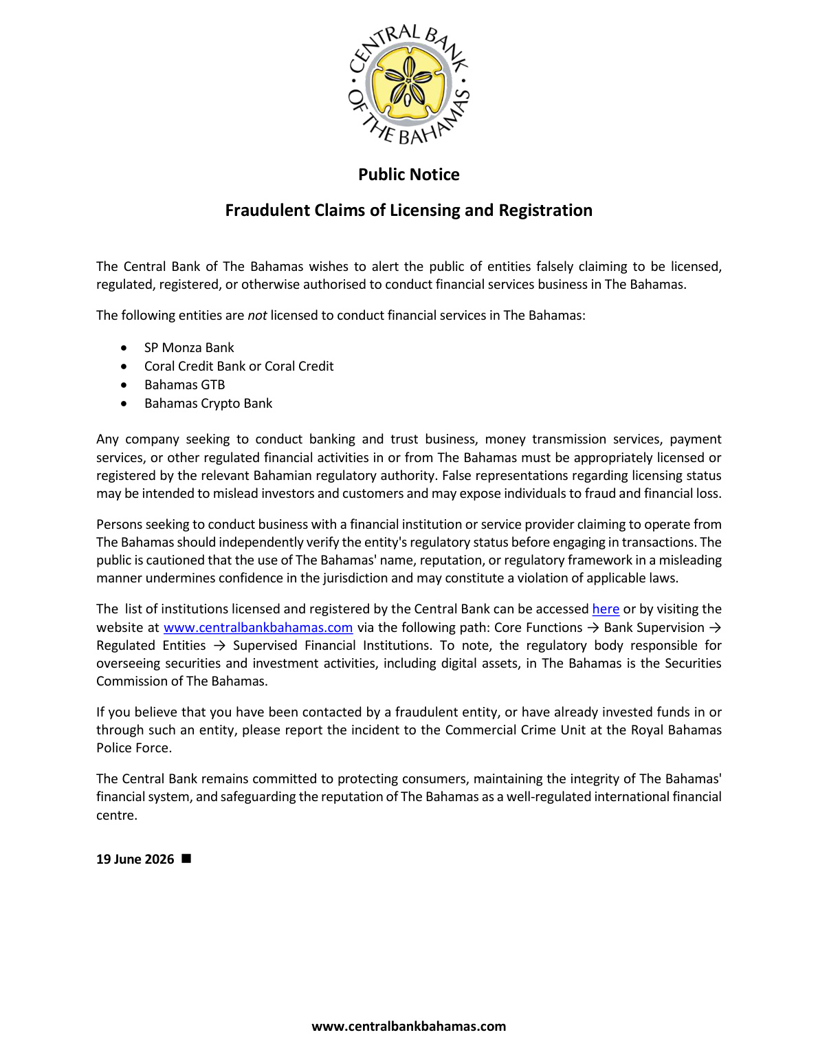 Central Bank of The Bahamas public notice dated 19 June 2026 listing SP Monza Bank as not licensed