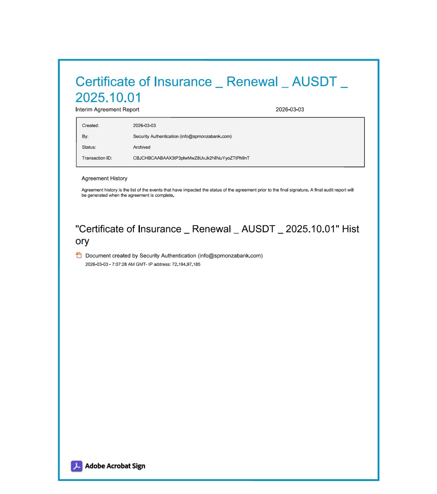 Acrobat Sign log for renewal certificate