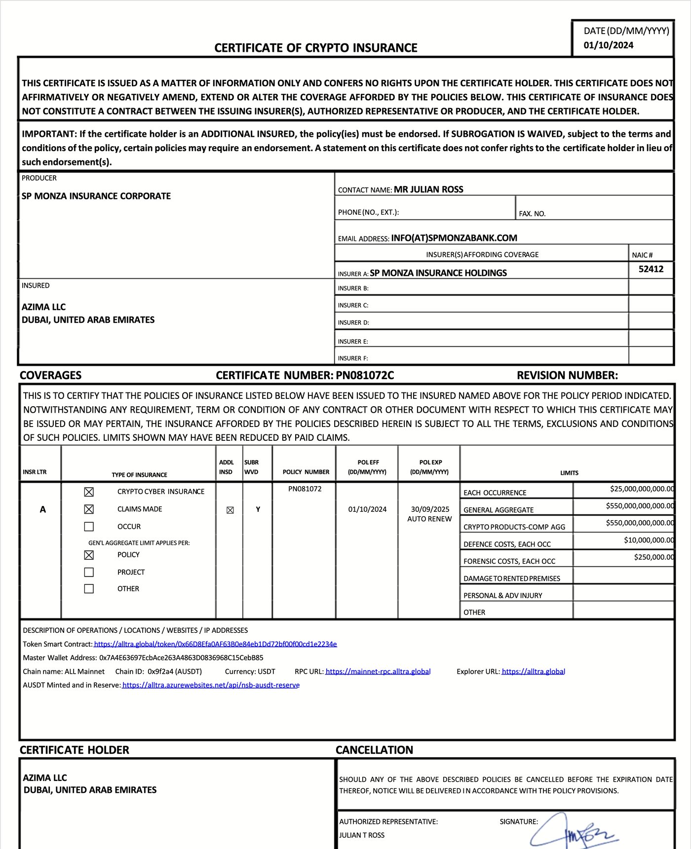 2024 certificate of crypto insurance naming Azima LLC, Dubai