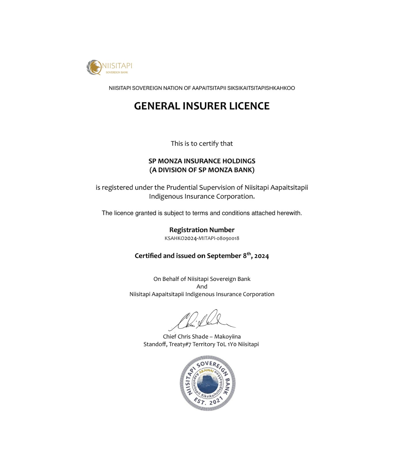 Niisitapi General Insurer Licence